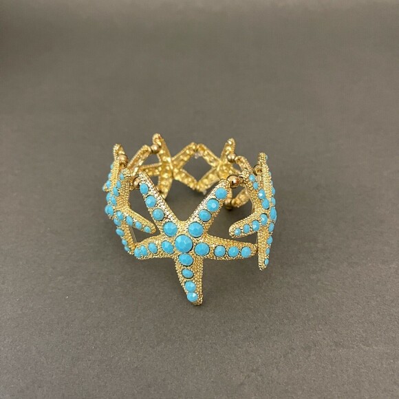 Gold-tone Blue Starfish Star Fish Women's Fashion Stretch Bracelet NWOT - Picture 1 of 5
